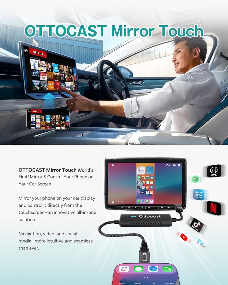 Ottocast Mirror Touch - Wireless CarPlay & Bi-Directional Phone Mirroring Adapter - Dual Mode, Plug & Play Upgrade for Factory Wired Cars (2016+) - Image 2